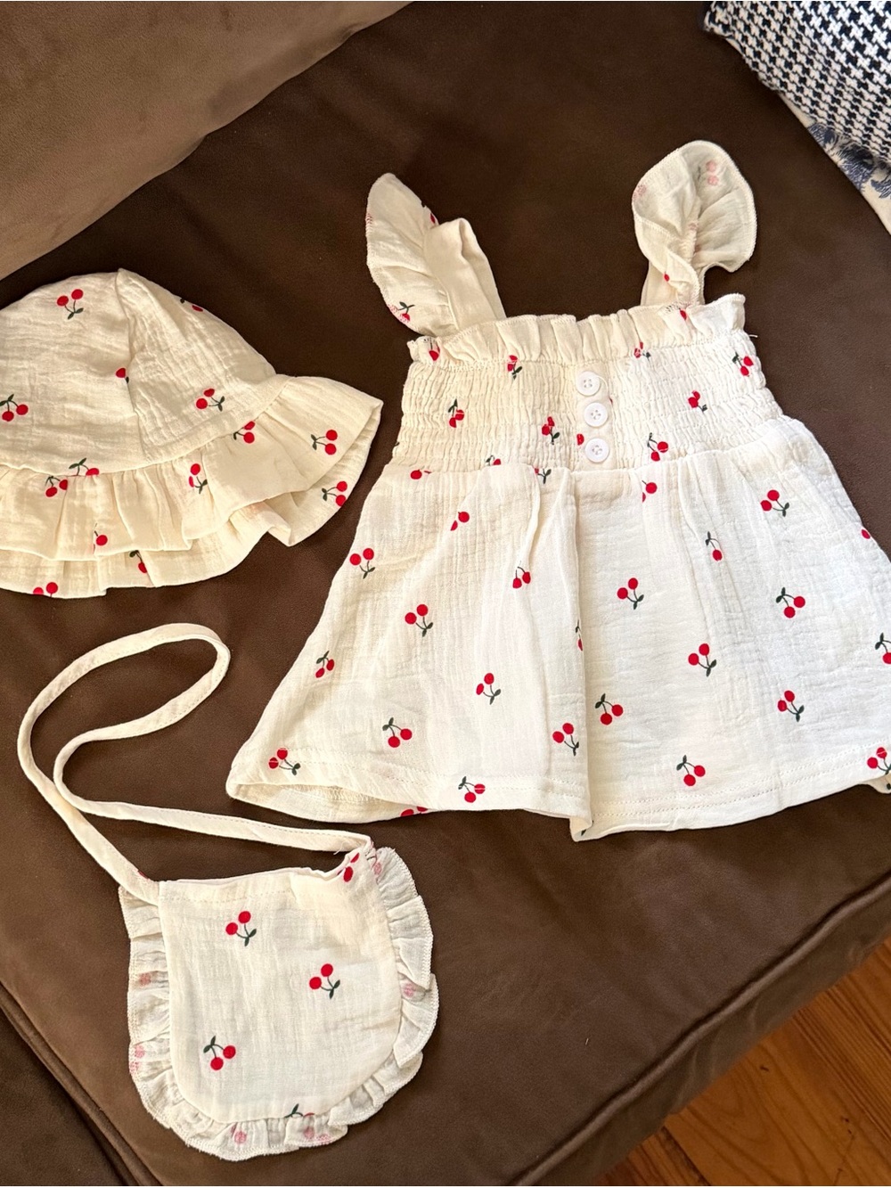 Cream Cherry Print Baby Dress Set with Hat & Bag. NWOT